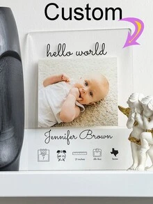 1 Customized Personalized Newborn Birth Statue Sign: Customized Baby Announcement Gift With Photos And Statistical Data - Acrylic Souvenir For Baby Decoration - Transparent - View 3