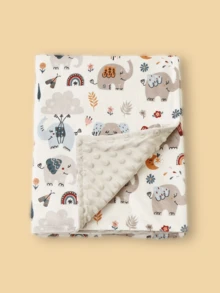 1 件卡通大象、猴子、鳄鱼印花柔软舒适珊瑚绒婴儿毯，四季皆宜