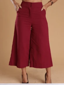 Women's Linen Capri Midi Button Pocket Wide Leg Flare High Waist Casual Pantacourt Pants - 酒紅色 - 查看 4
