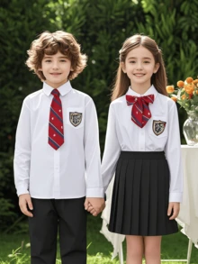3pcs Kids' Classical Striped Tie Shirt With A Vintage English Style, Stage Performance Accessories, Undetachable Knitted Necktie For DIY Decorations - Red - View 3