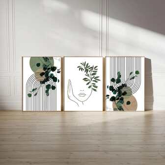 3pcs Unframed Modern, Nordic Style, Minimalist, Green Leaves, Face Painting, Creative Canvas PosterWaterproof Canvas Wall Art, Artwork Wall Painting For Gift Bedroom Office Living Room Cafe Bar Wall Decor Home And Dormitory Decoration