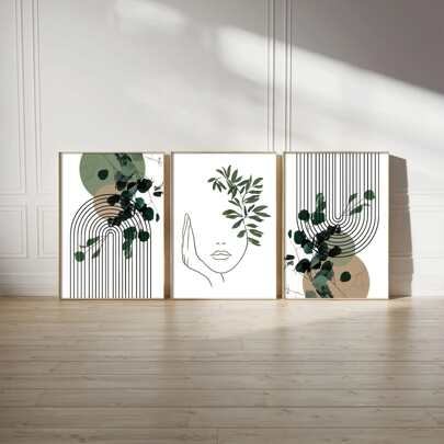 3pcs Unframed Modern, Nordic Style, Minimalist, Green Leaves, Face Painting, Creative Canvas PosterWaterproof Canvas Wall Art, Artwork Wall Painting For Gift Bedroom Office Living Room Cafe Bar Wall Decor Home And Dormitory Decoration
