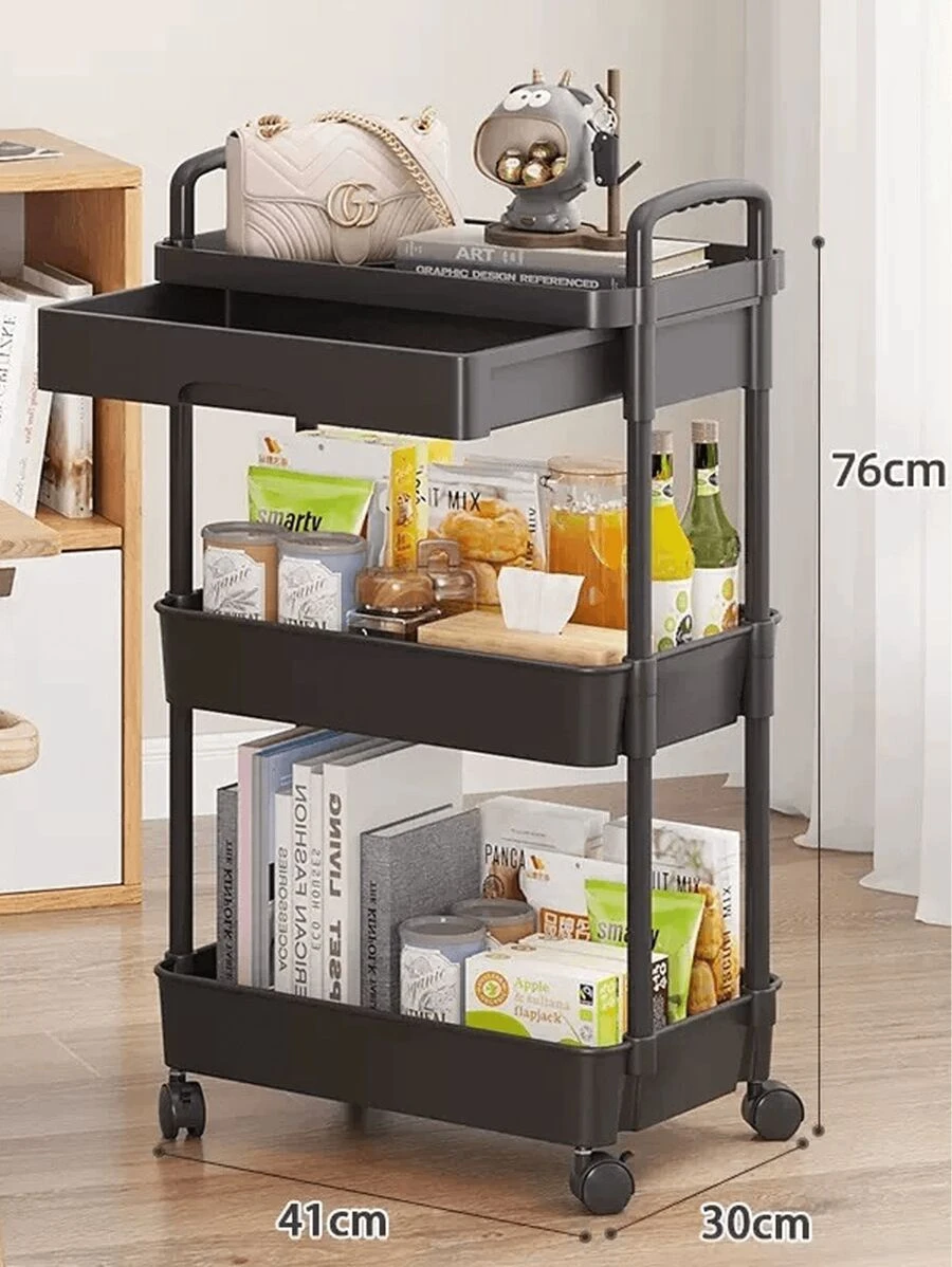 1 Pcs Multi-Functional Rolling Utility Cart With Drawers - Black And White Multi-Tier Wheeled Organizer With Durable Plastic And Metal Construction, Great For Kitchen, Bathroom, Living Room, Office Storage, Utility Shelf