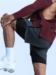 1pc Camouflage Gym Running Shorts For Men With Dual Layers, Pockets, And Quick-Dry Technology - Dark Grey - View 2