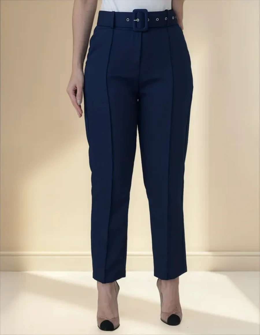Women's Tailored Formal Pants In Polyester Elastane With Belt - Maxma 6622 - Navy Blue 2 - View 1