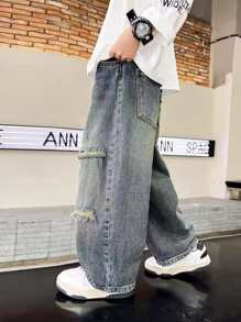Jeans déchirés pour garçons adolescents, pantalons en jean droits et amples pour garçons jeunesse, pantalons décontractés, printemps