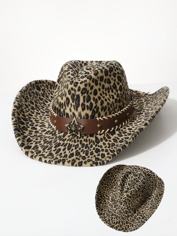 1pc Women's Leopard Print Western Cowboy Hat, Panama Style, Suitable For Cowboy Themed Events, Festivals, Parties, Cosplay, Outdoor Activities, Daily Wear