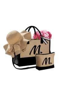 女士沙滩手提包，配有肩带、沙滩帽和化妆包，黑色爱心字母 A-Z 沙滩配件套装，个性化礼品袋，带侧袋，大容量，方便的化妆包，带围巾的沙滩包 - 卡其色 - 查看 13