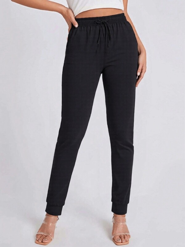 Women's Black Lightweight & Breathable Drawstring Waist Casual Pants, Suitable For Yoga And Daily Wear