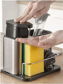 1 Stücke Seifenspender für die Küchenspüle, 3-in-1-Schwammhalter für Küchenspülen, Organizer für die Küchenspüle aus Edelstahl, Tablett mit Abtropfständer für die Tischplatte, Reinigungsbürste für Geschirrspülmittel aus Edelstahl, Aufbewahrungsregal für die Küchenspüle, Aufbewahrungsregal mit Fächern aus Edelstahl, Essstäbchenhalter, multifunktionaler Essstäbchenhalter für Messer, Gabel und Löffel, Utensilienbehälter, Abtropfgestell