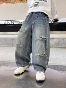 Jeans déchirés pour garçons adolescents, pantalons en jean droits et amples pour garçons jeunesse, pantalons décontractés, printemps