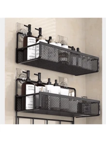 1pc Metal Wire Mesh Bathroom Storage Rack, Wall Mounted Kitchen Basket, No-Drill Shelf Organizer For Bathroom & Kitchen Back To School