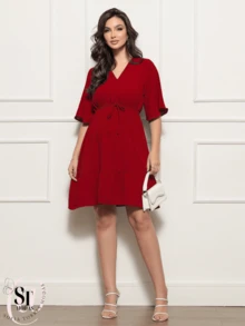 Women's Short Ruffle Dress Casual Duna Short Sleeve Midi Party Evangelical Fashion Elastic Waist. - Gỗ đỏ - Xem 2
