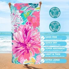 1 Oversized Flower Patterned Beach Towel, Ultra-Fine Fiber, Quick Drying Without Sand, Super Absorbent, Suitable For Travel, Yoga, Camping, Swimming, Bathroom, Living Room, Suitable For Bathroom Towels, Camping Equipment, Essential For The Beach - Multicolor - View 2