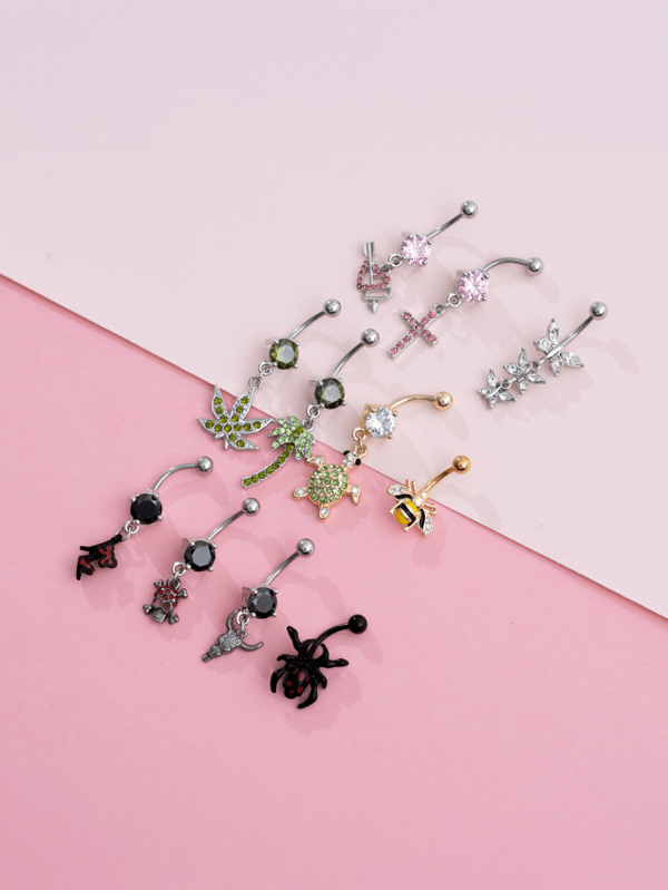 Set Of 10pcs Stainless Steel Belly Button Rings With Assorted Pendant Designs: Heart, Cross, Butterfly, Maple Leaf, Coconut Tree, Turtle, Bee, High Heel, Skull, Bull Head, Spider - Hypoallergenic For Sensitive Skin