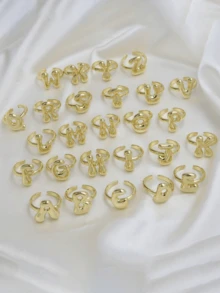 可爱泡泡26字母戒指，女士气球镀金锆石A-Z字母开口可调节戒指，优雅婚礼珠宝礼物 - 金色 - 查看 5