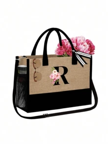 1 Set Women Beach Tote Bag With Shoulder Strap, Beach Hat And Cosmetic Bag; Pink Begonia Black Letter A-Z Pattern Tote Bag With Shoulder Strap And Cosmetic Bag; Personalized Gift Bag With Side Pocket - Khaki - View 17