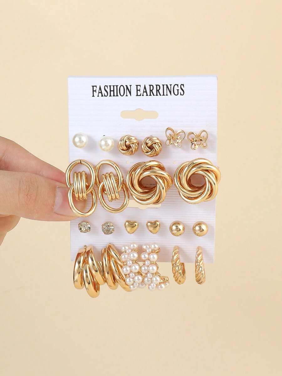 11 Pairs Simple Gold Butterfly Earrings Set (Randomly Shipped With Card) - Yellow Gold - View 1