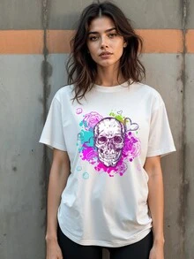T Shirt Feminina Caveira Preta ou Branca - Camiseta 100% Algodão Estilosa Estampada - Branco - Visão 1