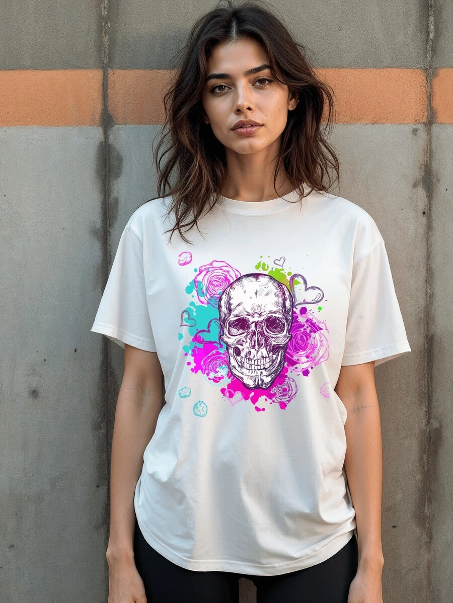 T Shirt Feminina Caveira Preta ou Branca - Camiseta 100% Algodão Estilosa Estampada - Branco - Visão 1