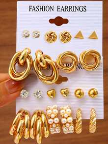 22pcs Fashion Simple Geometric Pearl Heart Earrings (Randomly Shipped With Card) - Yellow Gold - View 5