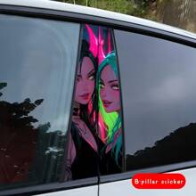 2pcs Cool Girl Face Graphic Car Stickers - Protective Film Suitable For B-Pillar Exterior Accessories