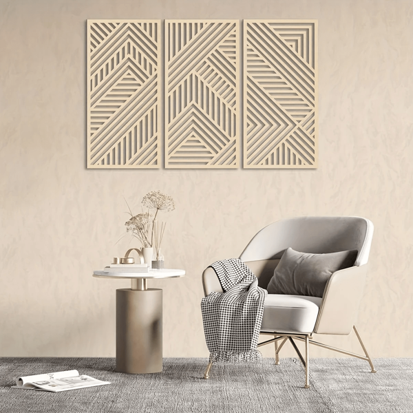 3 قطع من تحف الجدار الهندسية المفرغة بطراز بوهيمي - تماثيل معلقة خفيفة الوزن لتزيين غرفة النوم أو المكتب أو المنزل، ديكور حائط عصري بطبقة خشبية، ديكور حائط المكتب | طراز بوهيمي | تحف الحائط الخشبية ، ديكور الحائط