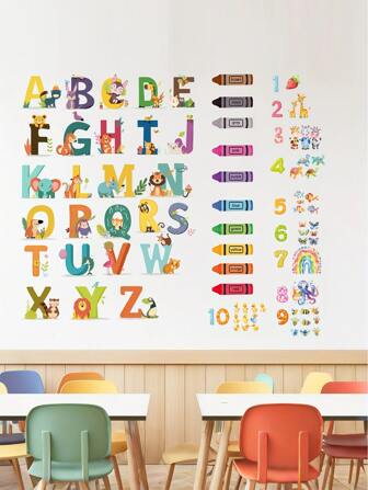 1 件卡通动物、数字、字母蜡笔组合彩色英文墙贴，PVC 防水贴花墙贴，易于粘贴和移除，适用于男孩和女孩的卧室装饰、幼儿园装饰、托儿所装饰和其他地方的装饰，适合儿童教育