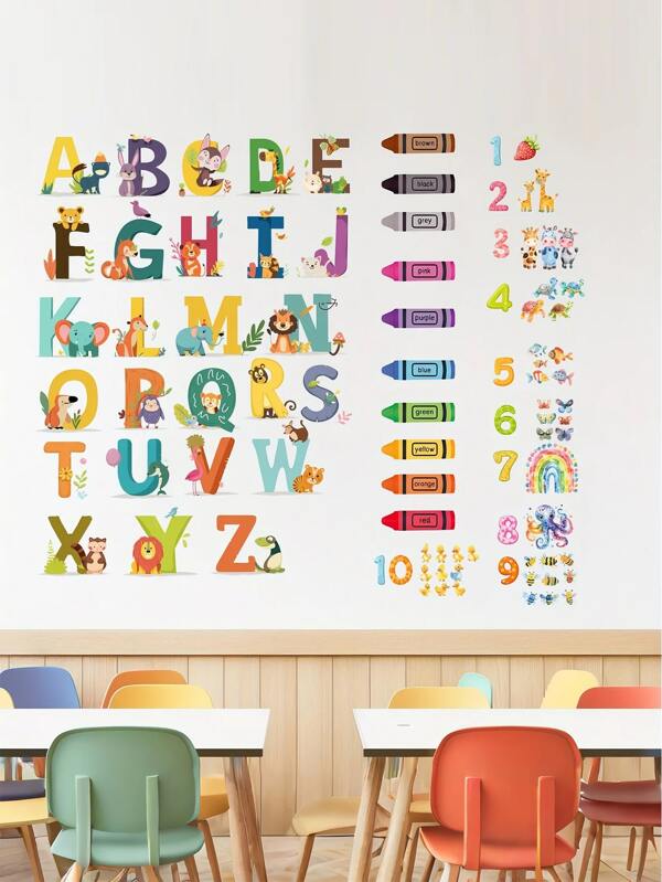 1 pieza Pegatinas de pared con combinación de animales de dibujos animados, números, letras y colores en inglés. Decoración de vinilo impermeable, fácil de pegar y quitar. Aplicable para la decoración de dormitorios de niños y niñas, decoración de guarderías, decoración de habitaciones de niños y otros lugares apropiados para la educación infantil.