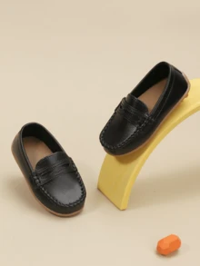 1 par de zapatos planos de PU para bebés/niños pequeños, zapatillas casuales de suela blanda para niños, mocasines estilo vintage sin cordones para niños/niñas para vestir, gatear, ir a la escuela, y usar en exteriores - Negro - Ver 1