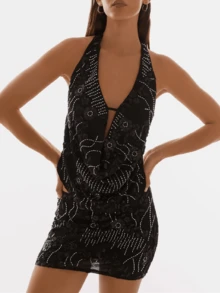 Sequin Halter Top For Women Sexy Sleeveless Deep V Neck Backless Glitter Tank Top Night Out Party Rave Outfits - 黑色 - 查看 2