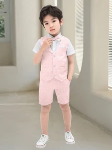 3 件套儿童轻便正装套装，背心 + 短裤 + 领结，夏季婚礼选美服装 - 淺粉色 - 查看 3