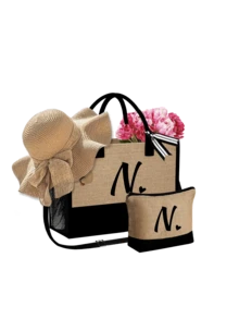 女士沙滩手提包，配有肩带、沙滩帽和化妆包，黑色爱心字母 A-Z 沙滩配件套装，个性化礼品袋，带侧袋，大容量，方便的化妆包，带围巾的沙滩包 - 卡其色 - 查看 38