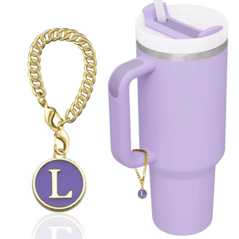 1 件玻璃杯水杯手柄识别字母吊饰链，26 个字母吊饰配件，适用于带手柄的杯子首字母吊饰标记标签，适用于办公室、家庭、生日派对，紫色