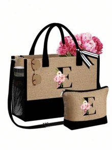 1 Set Women Beach Tote Bag With Shoulder Strap, Beach Hat And Cosmetic Bag; Pink Begonia Black Letter A-Z Pattern Tote Bag With Shoulder Strap And Cosmetic Bag; Personalized Gift Bag With Side Pocket - Khaki - View 19