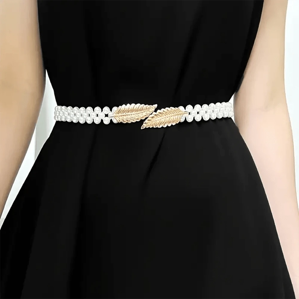 1pc Golden Leaf Faux Pearl Waist Chain, Suitable For Wearing With Dresses - Gold - View 1
