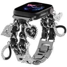 1 Stück schwarzes glitzerndes Lederarmband mit Liebes-Anhänger aus Zinklegierung, kompatibel mit Apple Watch Ultra 2/SE/10/9/8/7/6/5/4/3/2/1, 38/40/41/42mm 42/44/45/46/49mm