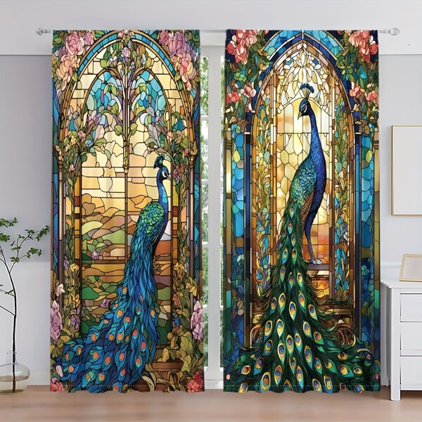 2 Pcs Peacock & Floral Print Curtains - With Rod Pocket Design, Fade Resistant Polyester, Suitable For Living Room, Kitchen, Bedroom, Study, Dining Area - Modern Home Decor