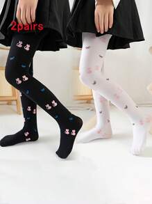 2pairs/Set Girls' Bowknot Leggings, Thin Toddler Pants With Printed Stars & Hearts Pattern