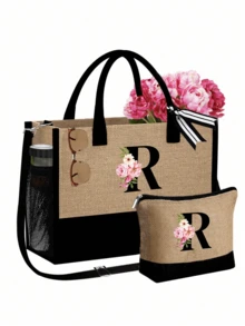 1 Set Women Beach Tote Bag With Shoulder Strap, Beach Hat And Cosmetic Bag; Pink Begonia Black Letter A-Z Pattern Tote Bag With Shoulder Strap And Cosmetic Bag; Personalized Gift Bag With Side Pocket - Khaki - View 39