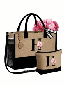 1 Set Women Beach Tote Bag With Shoulder Strap, Beach Hat And Cosmetic Bag; Pink Begonia Black Letter A-Z Pattern Tote Bag With Shoulder Strap And Cosmetic Bag; Personalized Gift Bag With Side Pocket - Khaki - View 15
