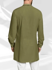 Runcati Mens Kaftan Thobe Long Sleeve Robe Gown Casual Cotton Linen Button Muslim Shirt - xanh quân đội - Xem 2