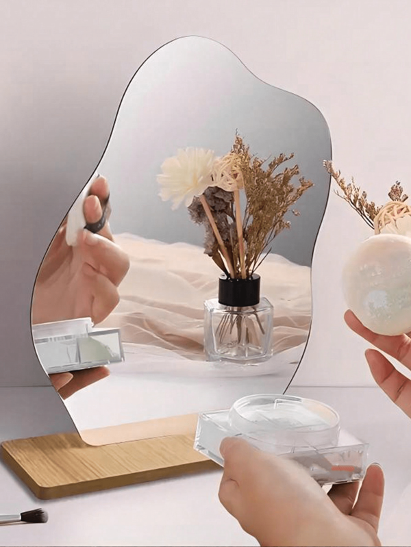 1 pieza Espejo de maquillaje asimétrico, espejo de sobremesa minimalista con base de madera, accesorio fotográfico