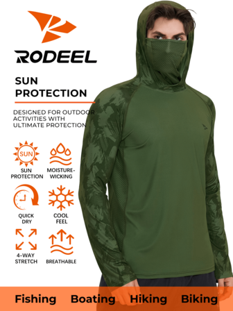 RODEEL Men's Hooded T-Shirt Sun Protection Clothes With Face Mask Color Block Printing Raglan Quick Dry Breathable Long Sleeve Suitable For Outdoor Fishing And Hiking Adventure Water Sports