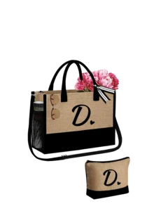 女士沙滩手提包，配有肩带、沙滩帽和化妆包，黑色爱心字母 A-Z 沙滩配件套装，个性化礼品袋，带侧袋，大容量，方便的化妆包，带围巾的沙滩包 - 卡其色 - 查看 46