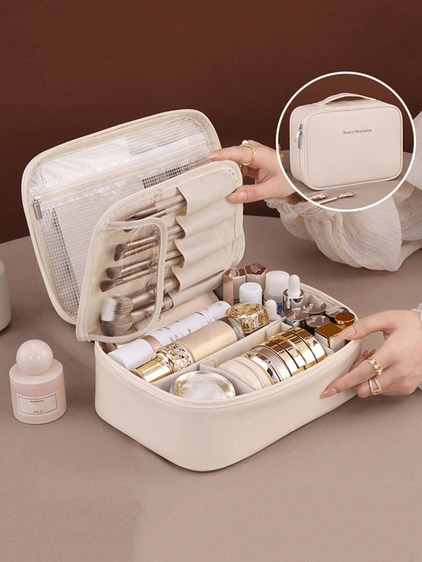 1 pieza Bolsa de maquillaje para guardar con gran capacidad y varias divisiones, portátil para viajes, bolsa de aseo, bolsa para almacenar productos de cuidado de la piel, unisex, adecuada para llevar artículos de belleza esenciales, artículos esenciales para vacaciones, bolsa de viaje, accesorios de viaje, útiles escolares de graduación