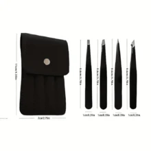 4 piezas Juego de pinzas para cejas de acero inoxidable, herramientas de maquillaje multifuncionales para dar forma a las cejas, eliminar vello fino, con estuche de cuero - Negro - Ver 4