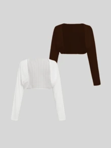 2 piezas Cárdigan encogido sólido de punto acanalado, parte superior de manga larga - Marrón - Ver 1