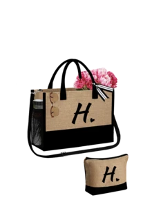 女士沙滩手提包，配有肩带、沙滩帽和化妆包，黑色爱心字母 A-Z 沙滩配件套装，个性化礼品袋，带侧袋，大容量，方便的化妆包，带围巾的沙滩包 - 卡其色 - 查看 48