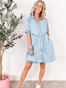 Scacto Retro Short Sleeve Denim Dress Casual Light Color Loose Knee-Length Short Skirt For Women - Màu xanh bạc hà - Xem 2